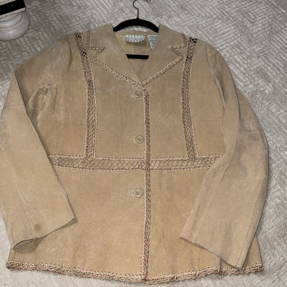 Y2K 100% leather jacket white stag with crochets cut outs size large 12/14 tan